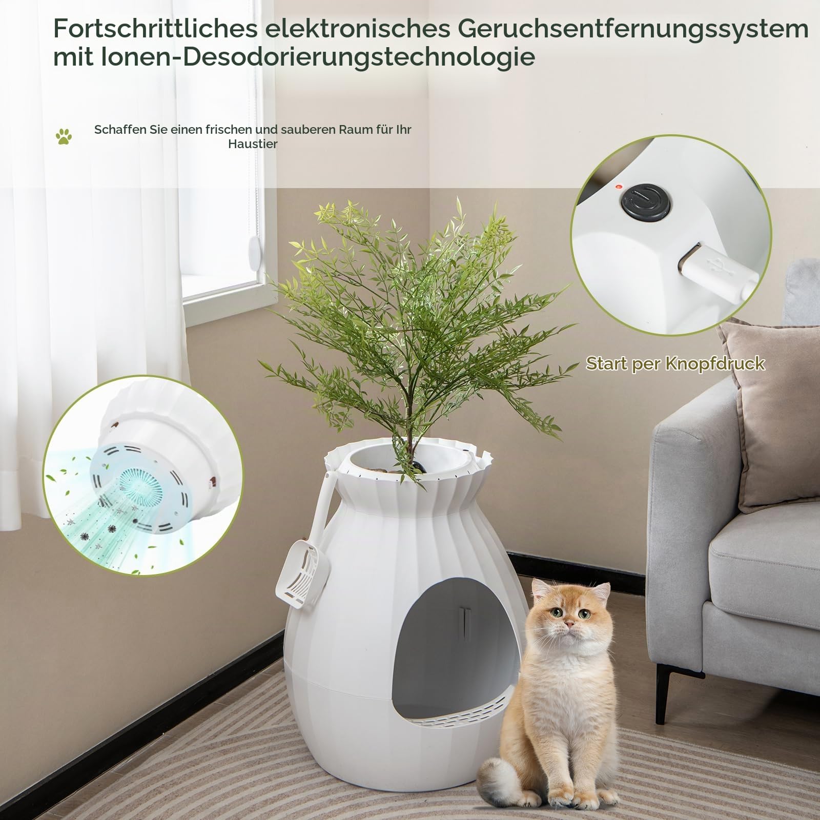 FANTASK 2 in 1 Katzentoilette, 63L intelligente Geruchsbeseitigung & Sterilisation mit Türvorhang, Blumentopf-Stil mit Kunstpflanze, Kieselsteinen & Schaufel