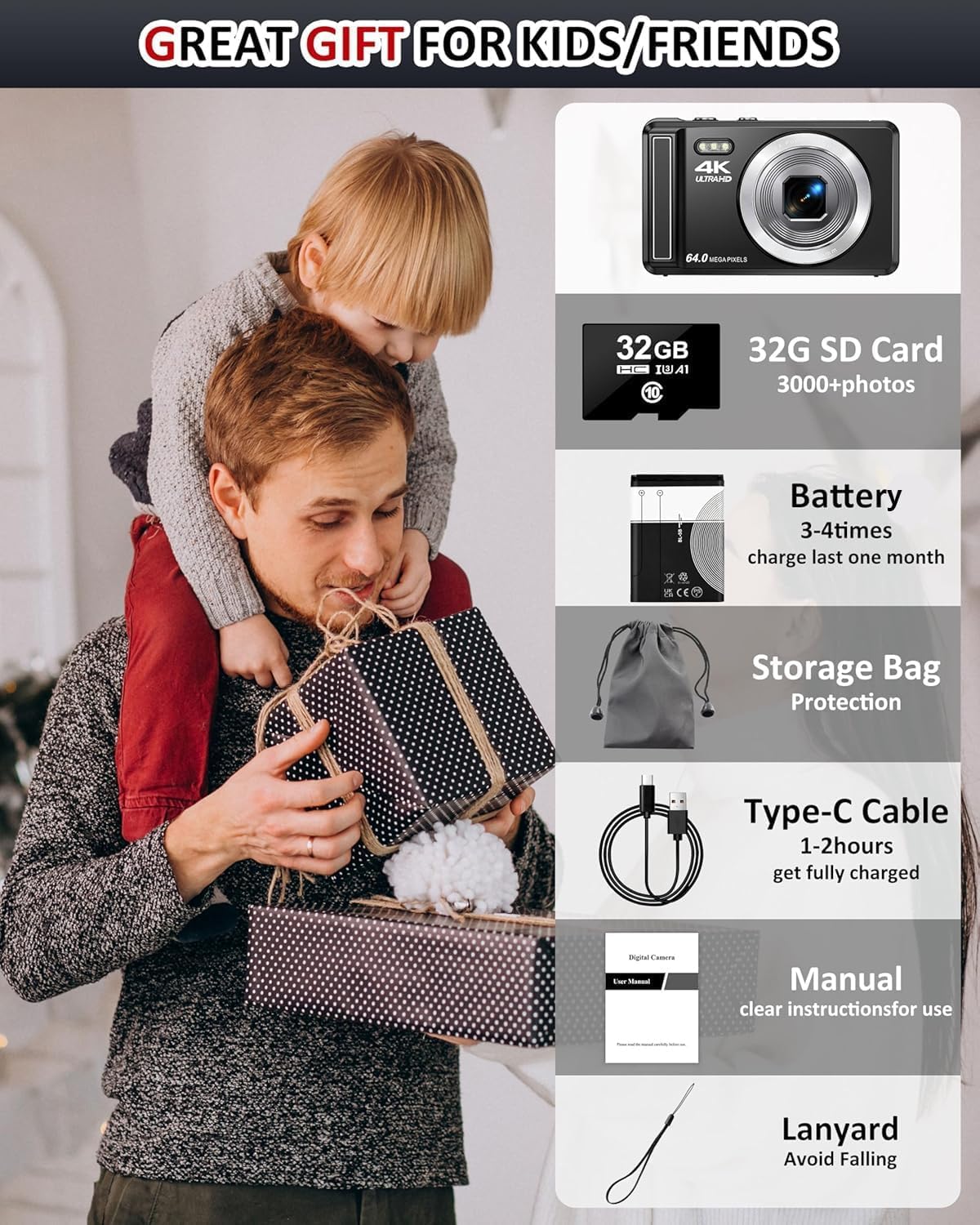 4K Digital Camera, 2.8 Inch 64MP UHD Compact Camera with 32GB Card, 1200mAh Battery, 16X Digital Zoom Mini Autofocus Vlogging Camera for Kids, Beginners, Teenagers — view 7