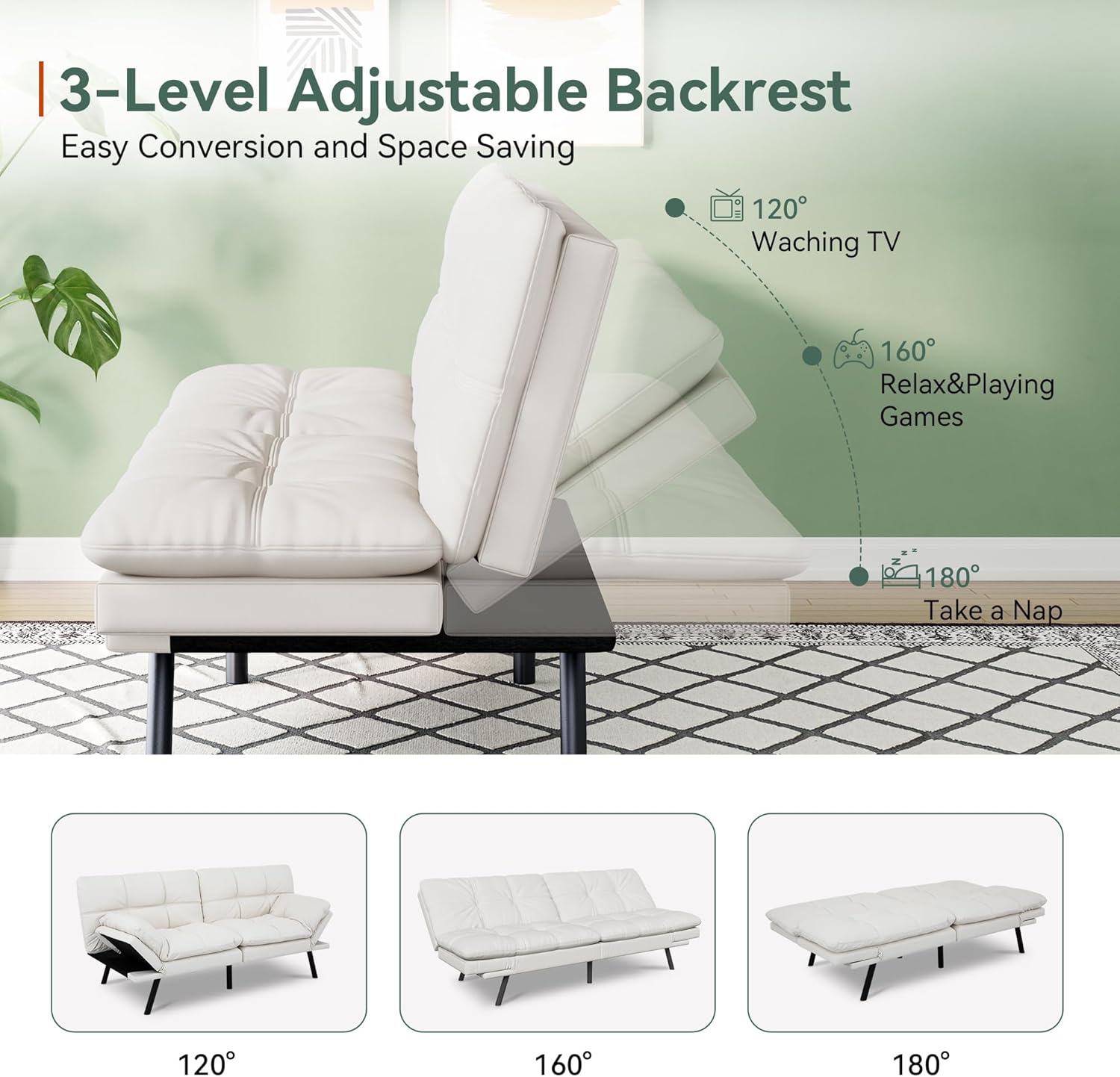 Opoiar 71" L Covertible Futon Sofa Bed,Faux Leather Futon Couch, Memory Foam Modern Loveseat Sleeper, Small Splitback Sofa Couches for Living Room,RV,Home Office,Apartment,White