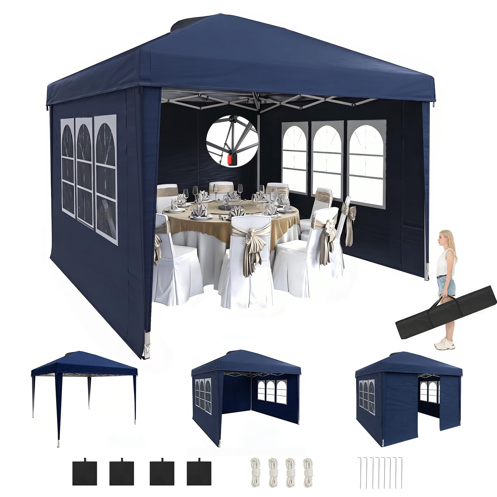 DSNAPE 3m x 3m Pop Up Gazebo with Sides, Central Lock System & 4 Weight Bags & Carry Bag, Water and UV50+ Resistant Marquee Garden Party Tent for Outdoor Events, Navy Blue