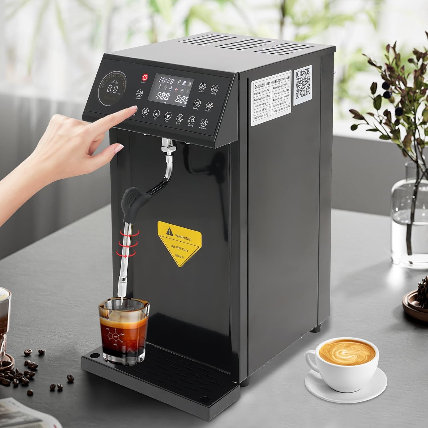 Commercial Milk Frother, 8L Electric Steam Milk Frothing Machine Water Boiler, Multi-Purpose Electric Milk Foam Maker LED Display for Cafe Coffee Tea Shop (Black)