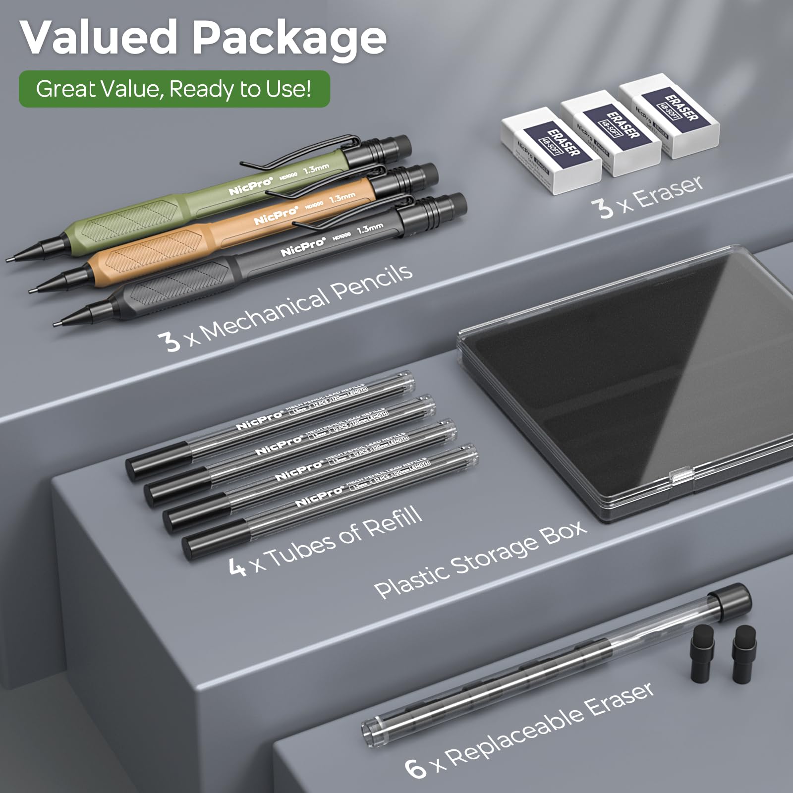 Nicpro Lot de 3 porte-mines de 1,3 mm, 3 couleurs avec 51 mines de recharge, 3 gommes, crayons de charpentier résistants aux intempéries, HD1000 pour marquage extérieur, dessin, travail du bois
