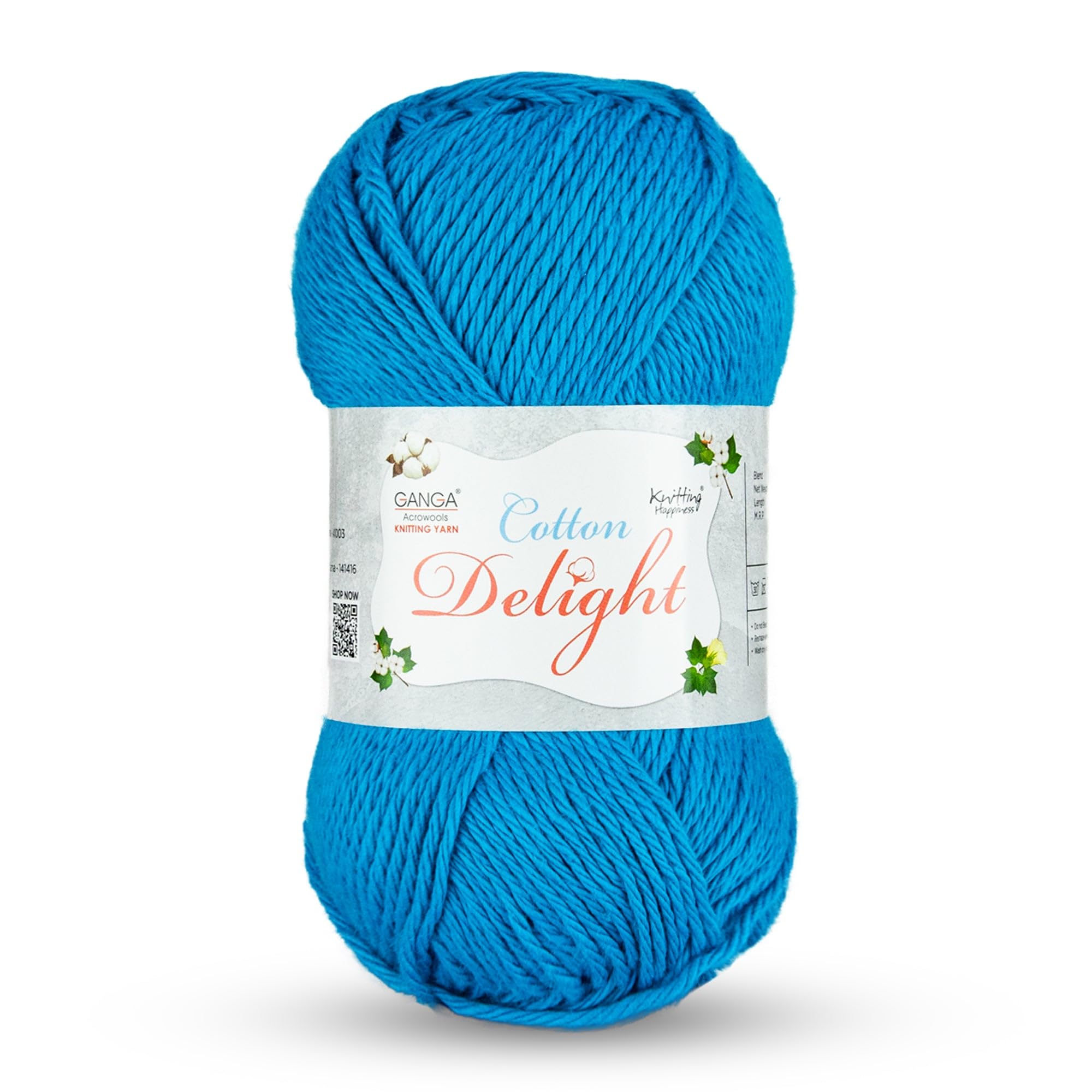 Ganga Acrowools Cotton Delight, Dk Weight Cotton Yarn, Oekotex Class L Certified 100G, 169M, Pack of 1 Ball - 100gm Each, Shade No. - COD059 - French Blue