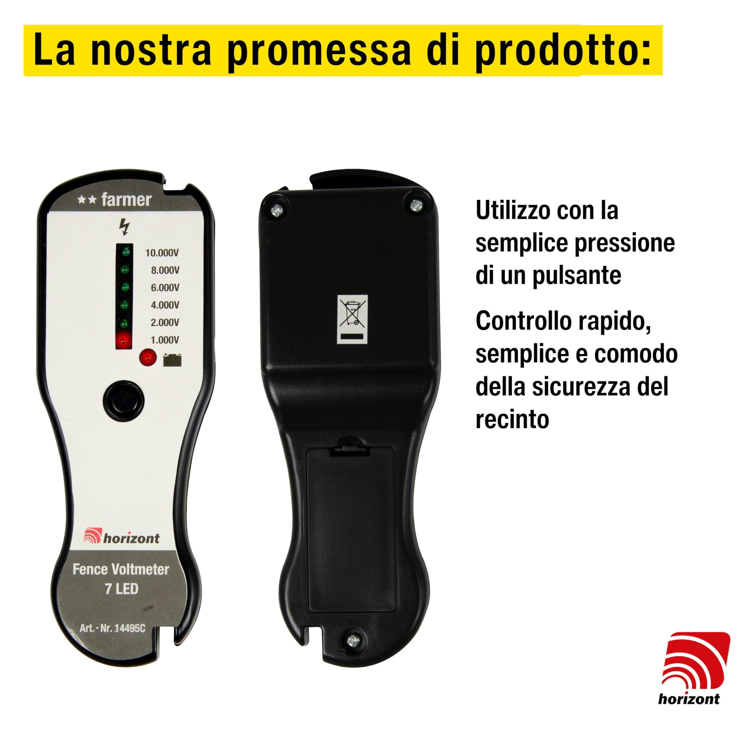 Tester recinzioni Horizont Farmer senza spik a terra, 1000-10.000 V, batteria, display LED a 6 stadi, spia indicatore batteria, recinzione per recinzione per tester recinzioni