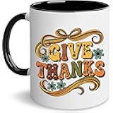 JOSEPHKRAFT Personalized Give Thanks Retro Thanksgiving Ceramic Coffee Mug Customized Fall Autumn Gratitude Groovy 70s Themed Drinkware with Black Handle & Interior Durable 11oz Tea Cup Gift.