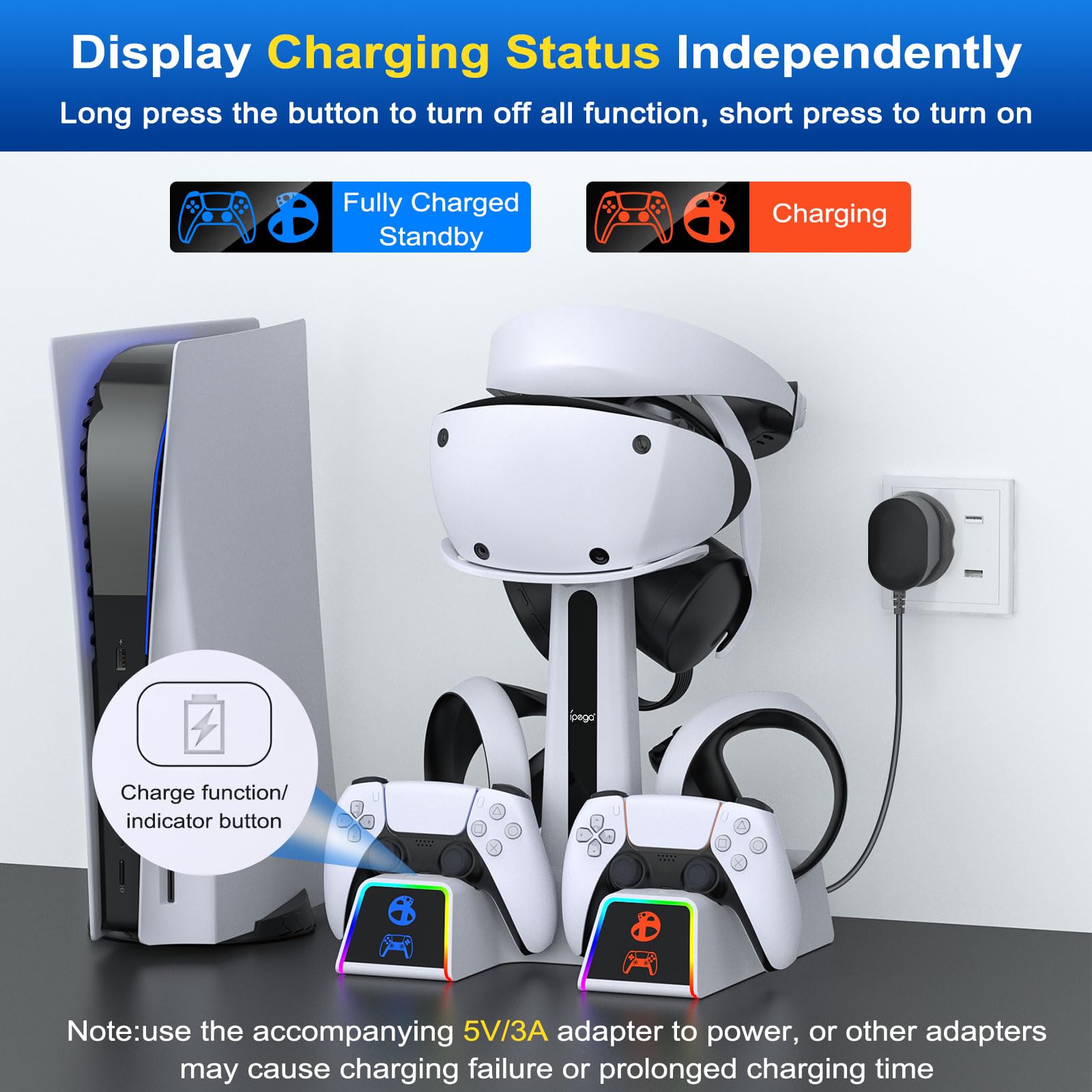 RGB Ladestation für PSVR2/ PS5 Edge/ PS5 Controller mit AC Adapter und US to EU Adapter, Vertikaler Ständer Zubehör für PS5VR2 Headset und Dualsense Controller + VR2 Ladestation + 10 RGB-Licht