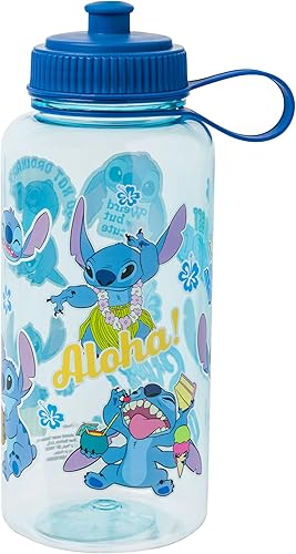 Miniatura 10 de Silver Buffalo Lilo and Stitch Aloha Chillin Botella de agua de plástico con tapa de bloqueo y correa, 33 onzas