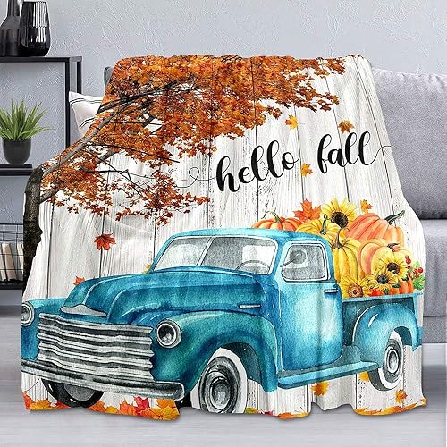 Miniatura 1 de LUVIVIHOME Manta de otoño, manta azul de camión de granja, hojas de arce granja, girasol, cosecha, calabaza, manta blanca, manta ligera y suave de