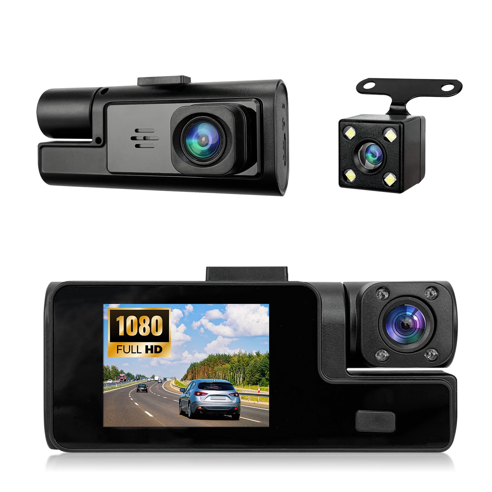 1080P 3 Channel Dash Cam Front and Rear Cabin Recording, 2.0" IPS Screen Camara para Carro, G-Sensor, Night Vision Loop Recording, Motion Detection, Heatproof, Electronics Max 64GB Support-image-18