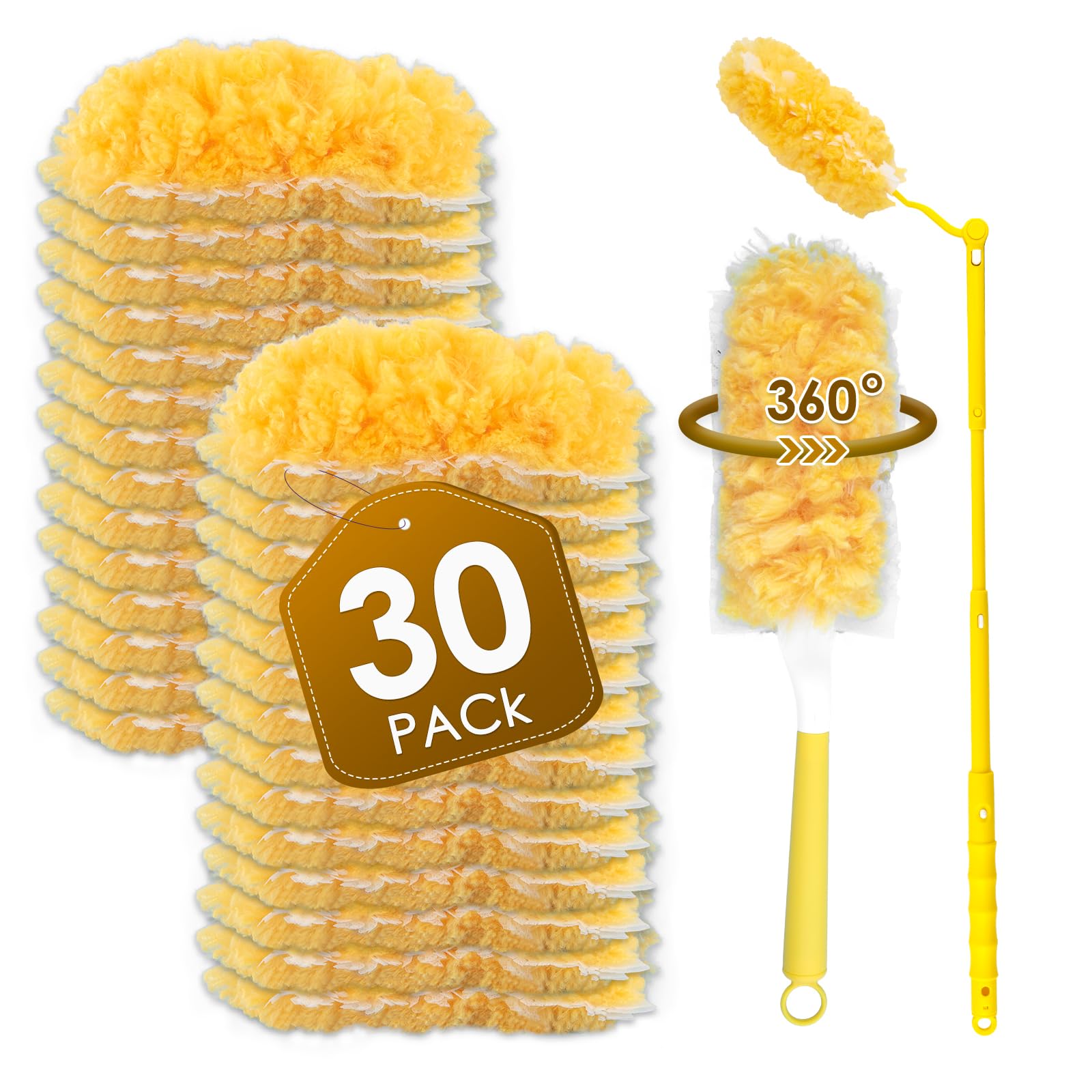 30 Count Feather Duster Refills for Swiffer Dusters Handle, 360 Degree Multi-Surface Duster Refill Kit with 1 Extended Handle and 1 Short Handle, Disposable Dust Removal Brush Heads for Electronics