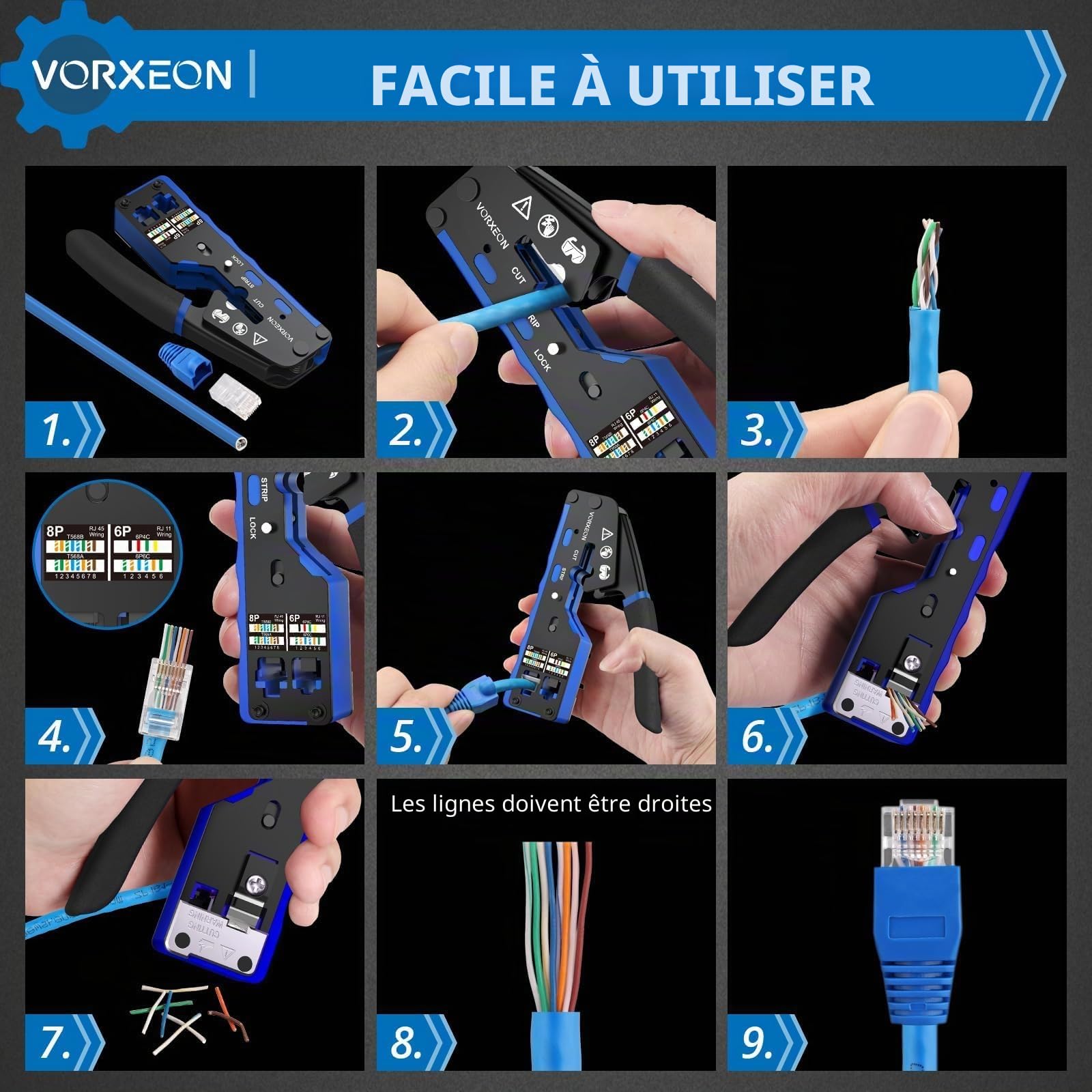Pince RJ45 a Sertir Connecteurs RJ45 Cat6 Network d’installation Kits pour RJ45 Cat6 Cat5 Cat5e Pass-Thru 8p 6p Câble Réseau Embout rj45