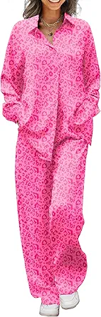 Ekouaer Womens Satin Silky Pajama Set 2 Piece Print PJs Soft Loungewear Button Down Sleepwear with Elastic Waist Long Pants