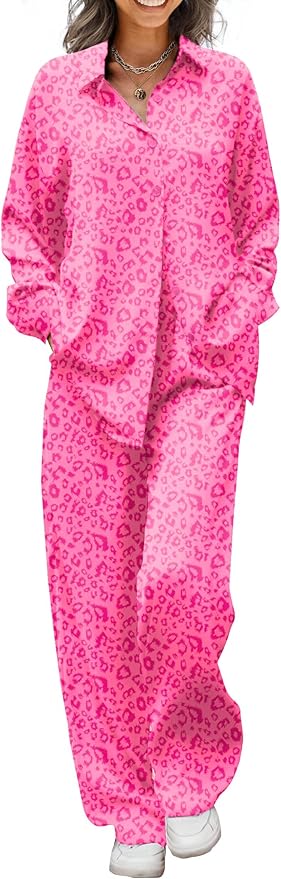 Ekouaer Womens Satin Silky Pajama Set 2 Piece Print PJs Soft Loungewear Button Down Sleepwear with Elastic Waist Long Pants