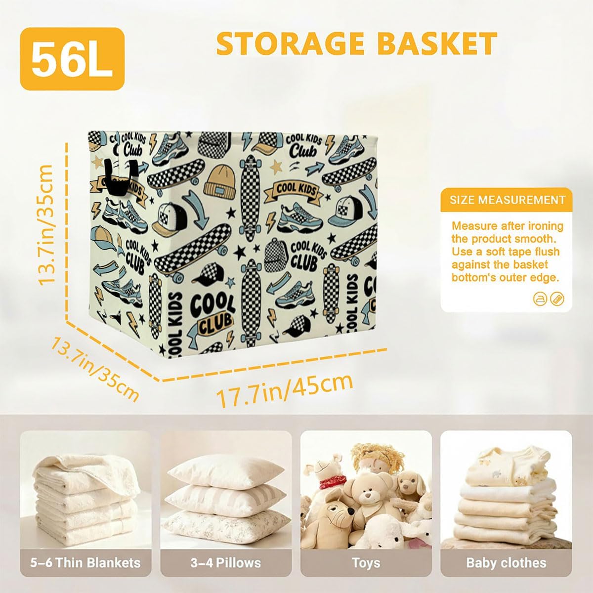 Skateboard Laundry Hamper, 56L Large Foldable Laundry Basket with Handles, for Family Clothes, Toy Storage Bin, Blankets,Decorative Organizer for Shelves & Closet Home Decor Bedroom & Nursery image 4
