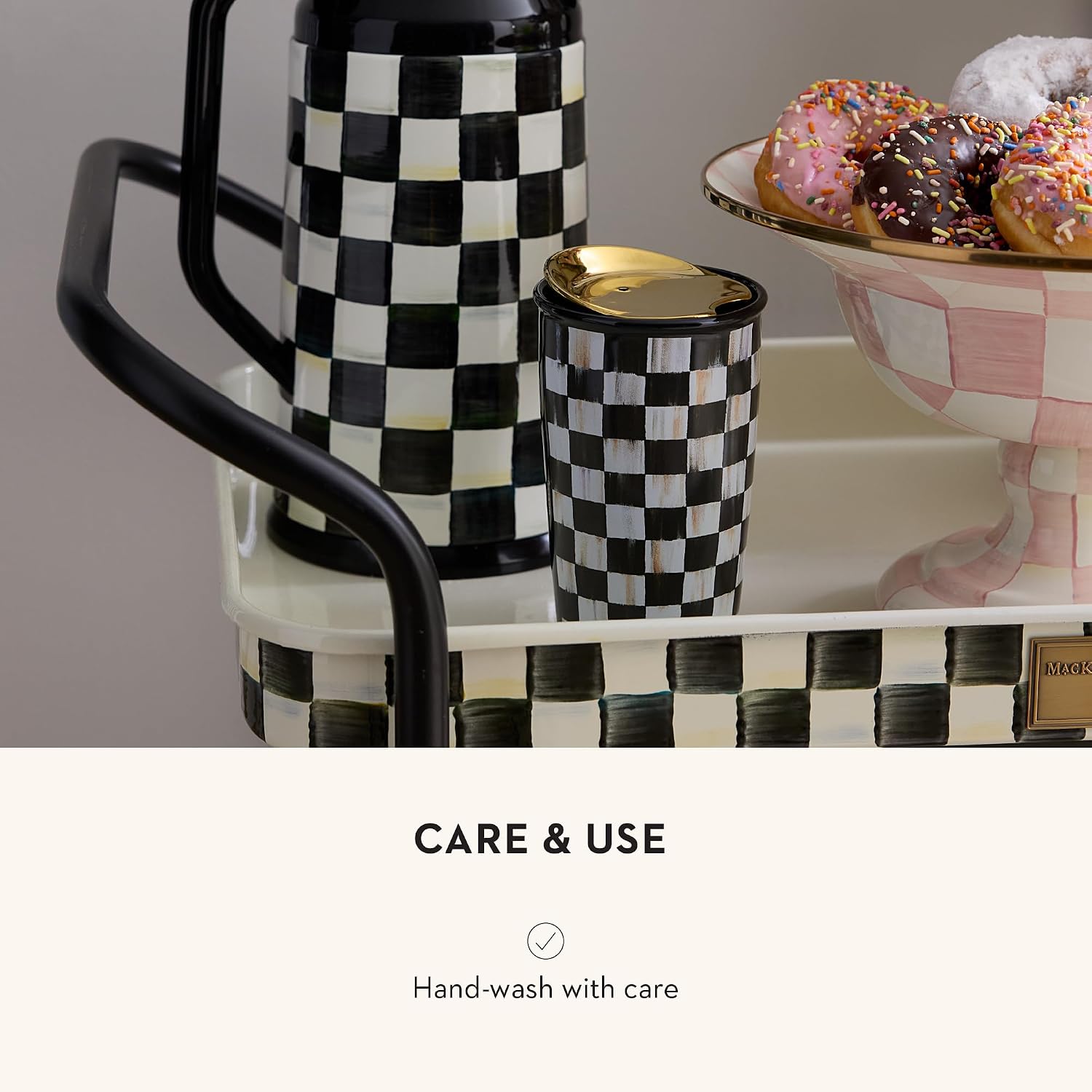 MACKENZIE-CHILDS Ceramic Travel Cup, Cute Tumbler Cup with Lid, 12 Ounces, Black-and-White Courtly Check