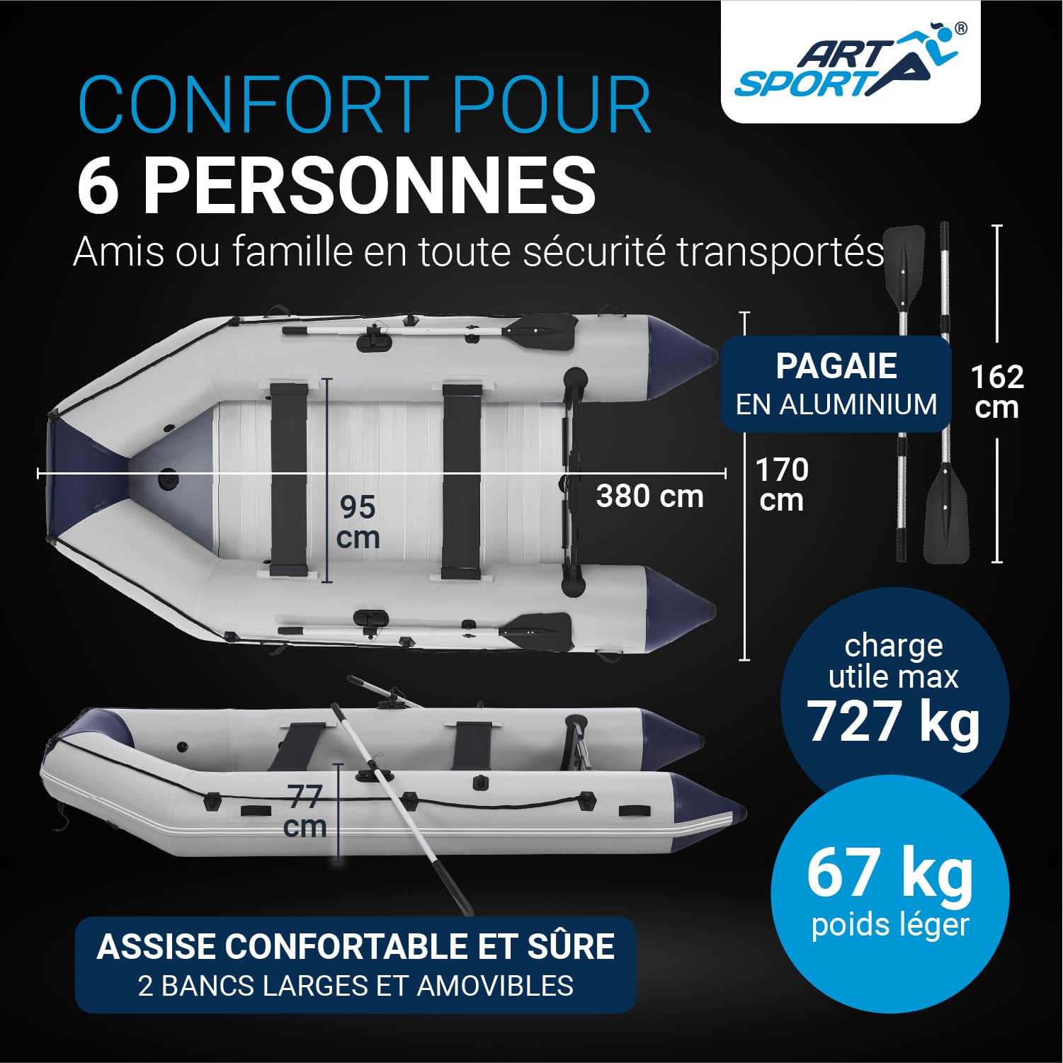 ArtSport Bateau Paddel Boot Gris avec Alu Sol – 3,80 m