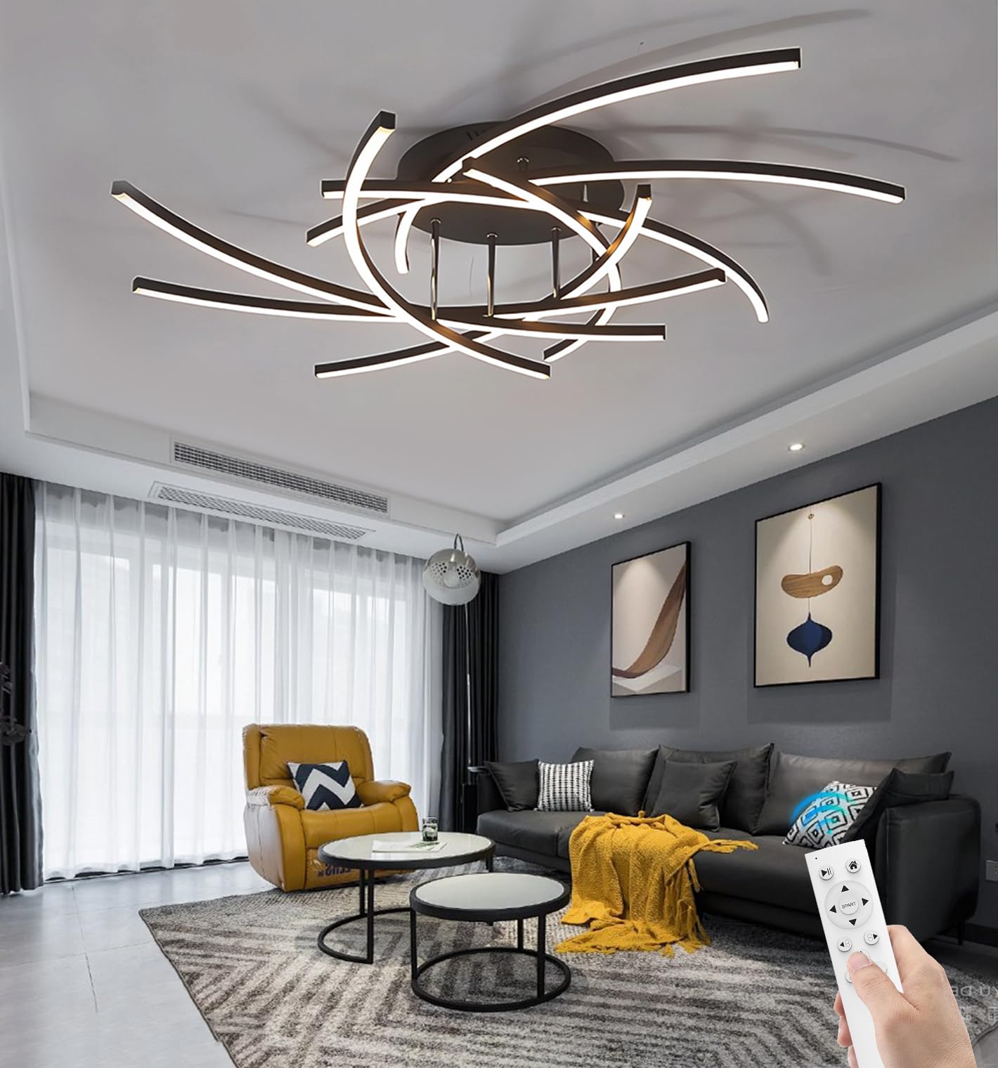 100cm Dimmbare LED Beleuchtungslampe 120W Schwarz/Weiß Wohnzimmerlampe Moderne LED-Deckenleuchte mit Fernbedienung Semi-Flush Mount Feuerwerk designer Innenbeleuchtung Wohnzimmer Decken Lamp (Schwarz)