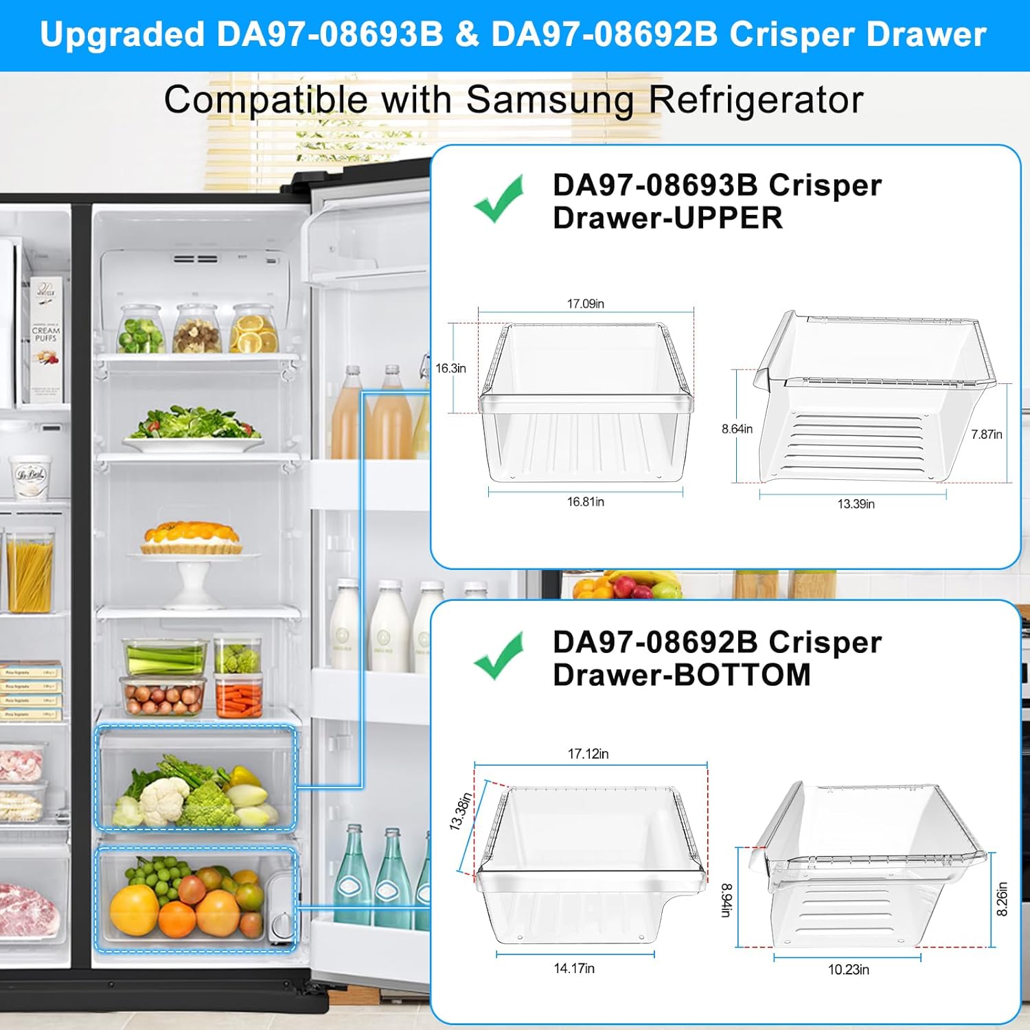 UPGRADED DA97-08693B Refrigerator Crisper Drawer & DA97-08692B Fridge Drawer Bin Compatible with Samsung Refrigerator Drawer Parts RS25J500DSR RS25H5000SR RS25J500DSG RS261MDRS Crisper Drawers