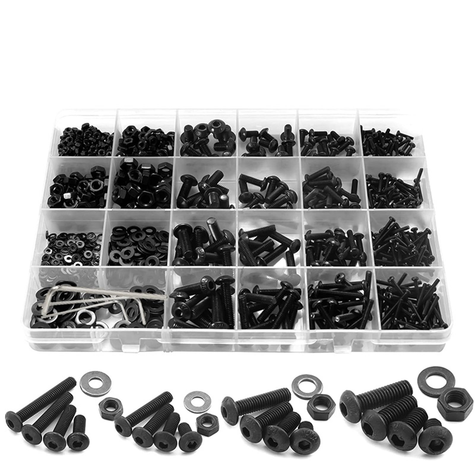 Juego de tornillos con cabeza hexagonal M2 M3 M4 M5 1060 Uds., redonda plana acero al carbono, Kit surtido pernos y tuercas caja almacenamiento para Electrónica(Round 1060pcs)