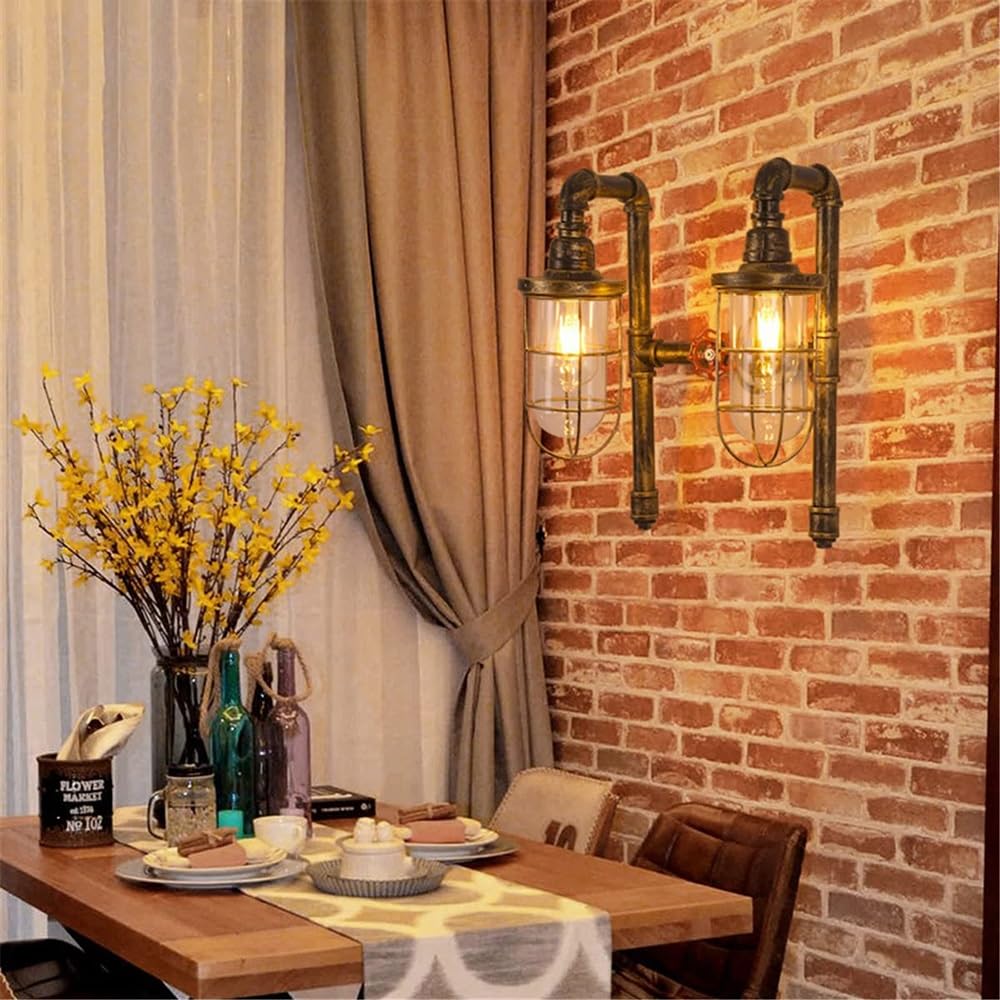 BLOOHK 2-Light Steampunk Water Pipe Wall Sconce, Vintage Bronze Wall Lamp with Metal Cage & Clear Glass Shade, Industrial Rustic Dual Light Fixture for Hallway, Bar & Loft