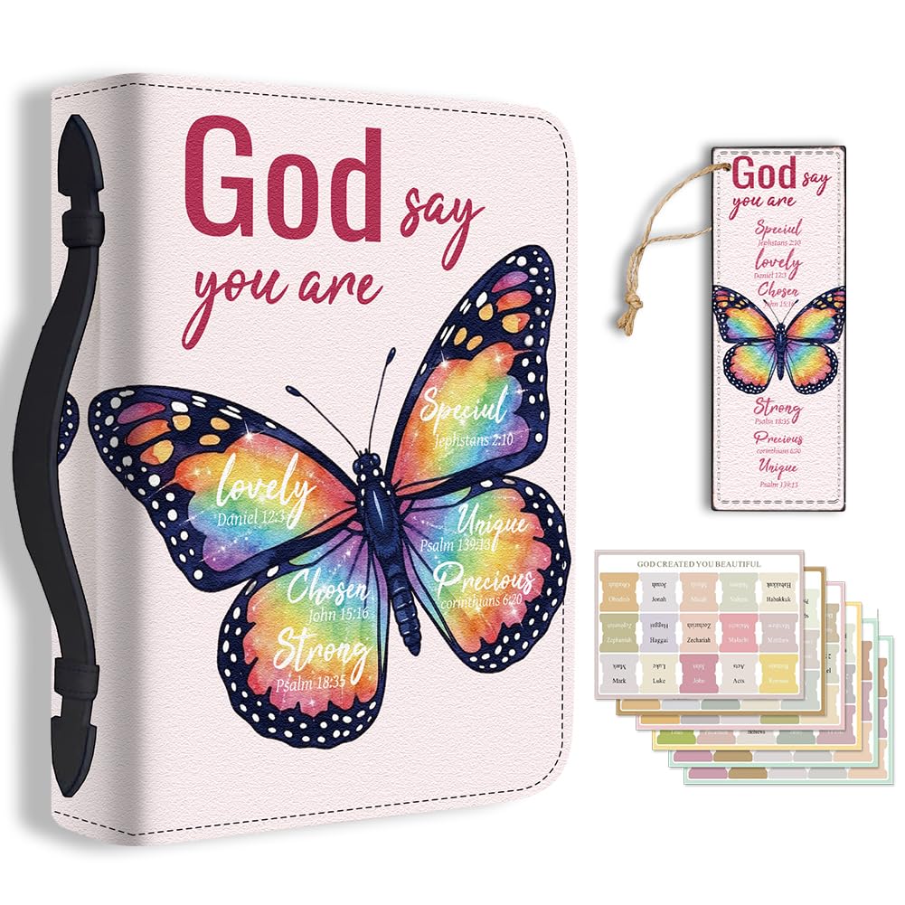 TNKBREEZE Women's Bible Cover Rainbow Butterfly PU Leather Bible Case Pink