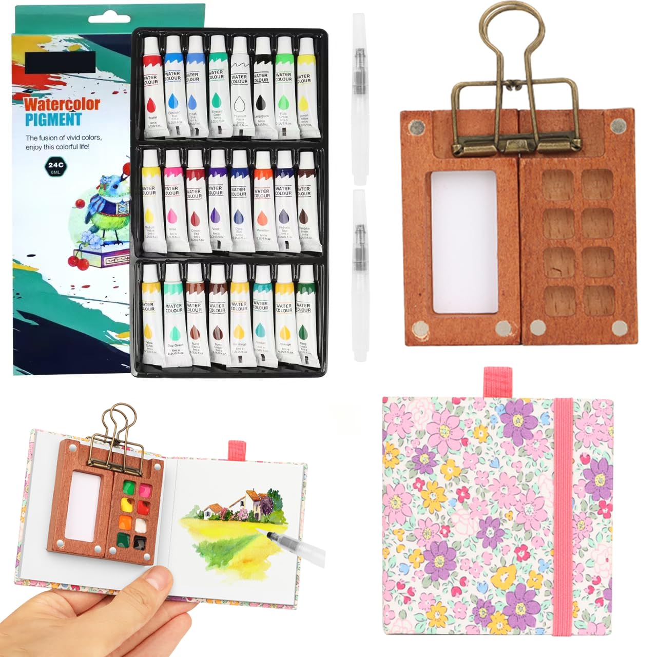 Set de voyage miniature pour aquarelle en bois de poche pour carnet