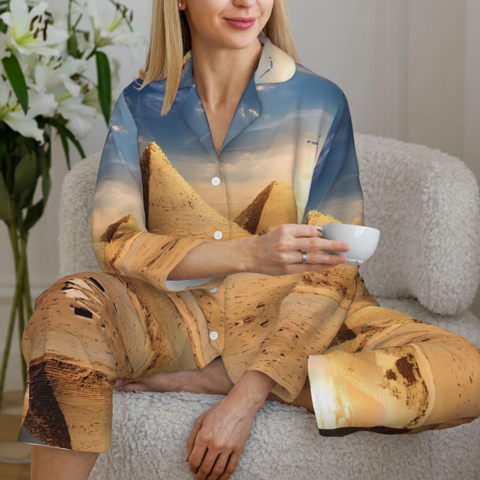 Pigiama da donna - Piramide egiziana con stampa deserto a maniche lunghe, traspirante e delicato sulla pelle, abbigliamento da casa per autunno e inverno