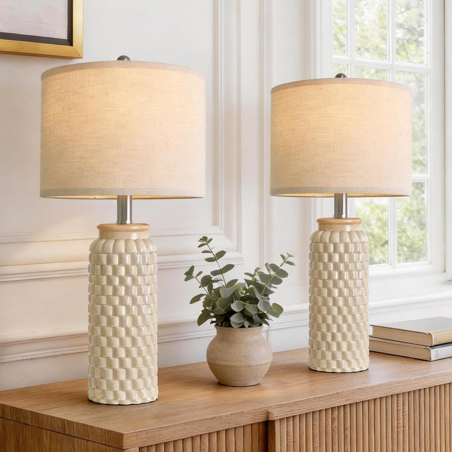 USumkky 24" Modern Ceramic Bedside Lamp Set of 2 for Bedroom Decor Farmhouse Table Lamp for Living Room Office Dorm — image 1