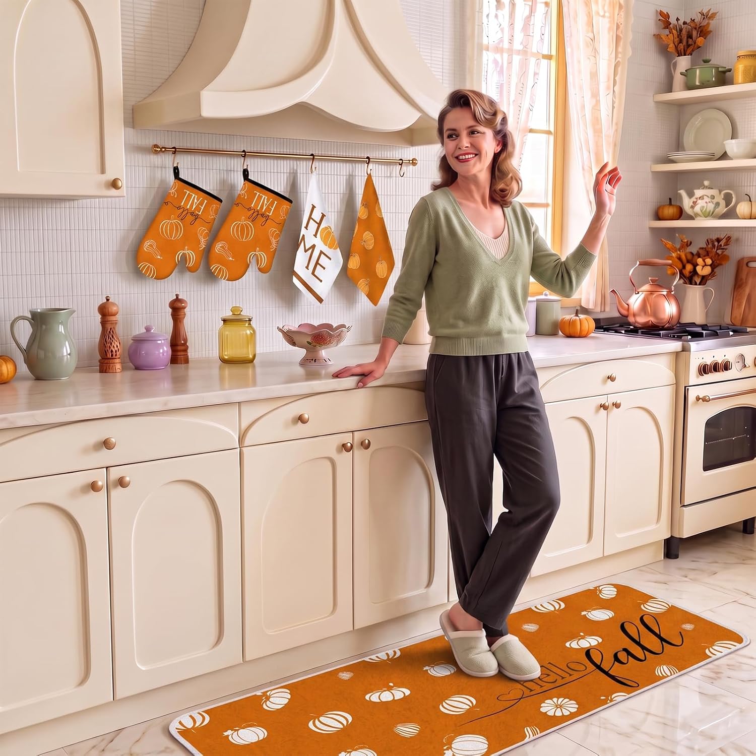 Tieshankao 10PCS Fall Pumpkin Kitchen Decor Set for Home, Baking Gifts | Included Rug, Floor Mat, Oven Mitts, Pot Holders, Towels, Autumn Thanksgiving Decorations Indoor