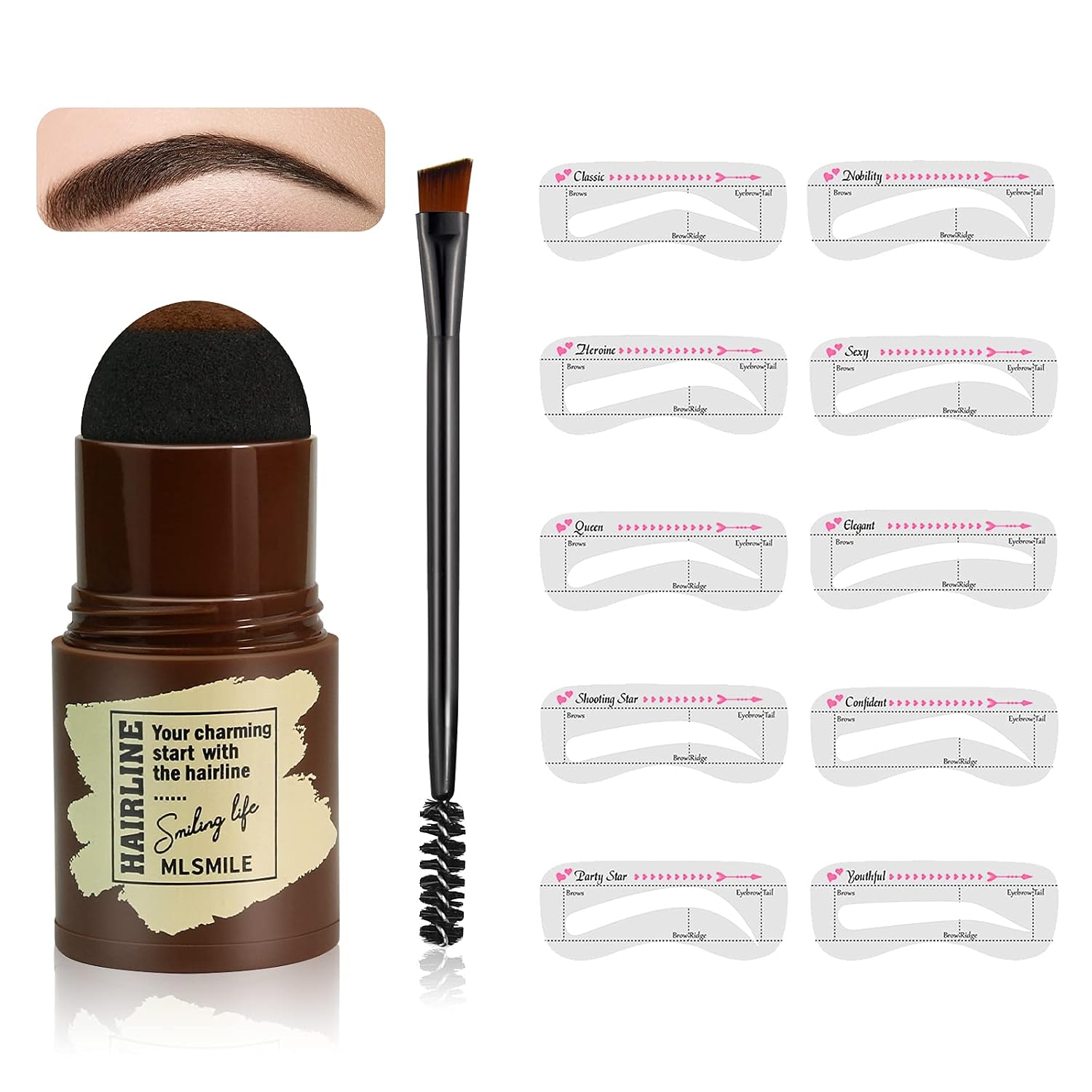 MGLIMZ Brow Stamp and Shaping Kit Waterproof,One Step Eyebrow Stamp Kit,Long Lasting Natural Shape Eyebrow makeup kit with Eyebrow Brush,10pcs Eyebrows Stencils 3 in 1 Perfect Finishing Hairline Brow Powder (dark brown)