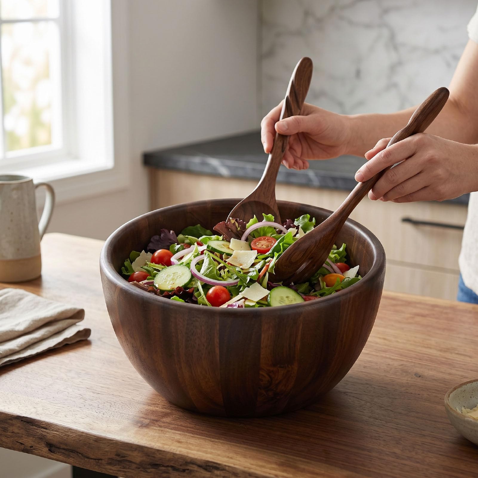 Bewinner Ensaladera de Madera Maciza con Base de Acero Inoxidable, Ensaladera de Madera Hecha a Mano para Cocina, Masa y Batidora de Pie, Gran Capacidad de 4,5 Litros