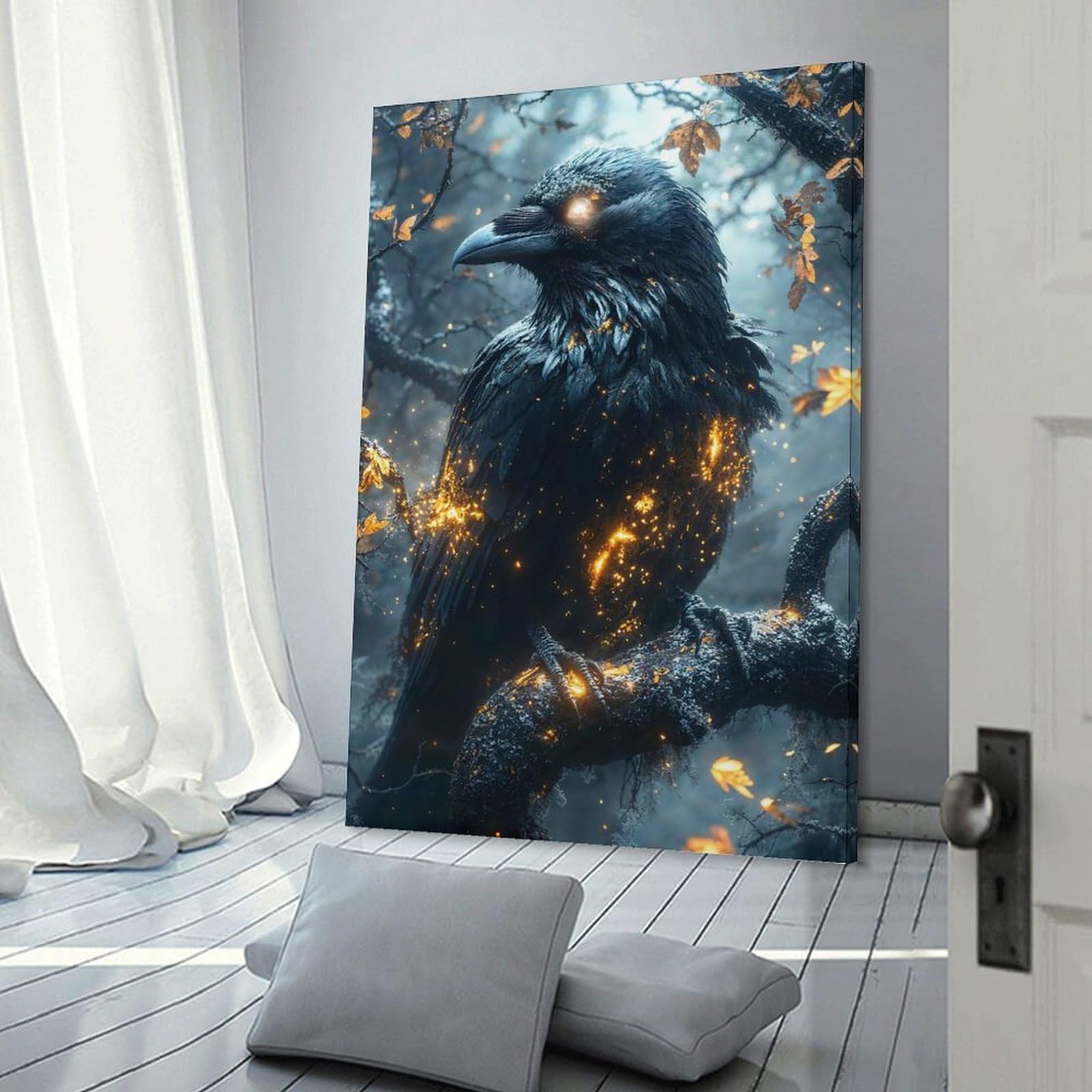 Junmoney Mystical Raven with Glowing Feathers Room Decor Wall Art 24x36inch(60x90cm), for Bedroom, Guest Room Or Reading Nook, An Easy Wall Refresh for Bedrooms