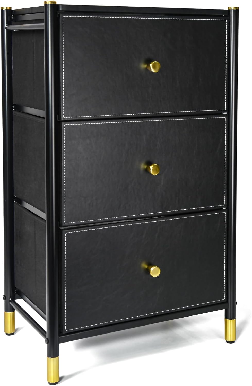 Nightstand with 3 Fabric Drawers – Bedside Table with Wood Top & Faux Leather Front Panels, Heavy-Duty Steel Frame for Bedroom Storage