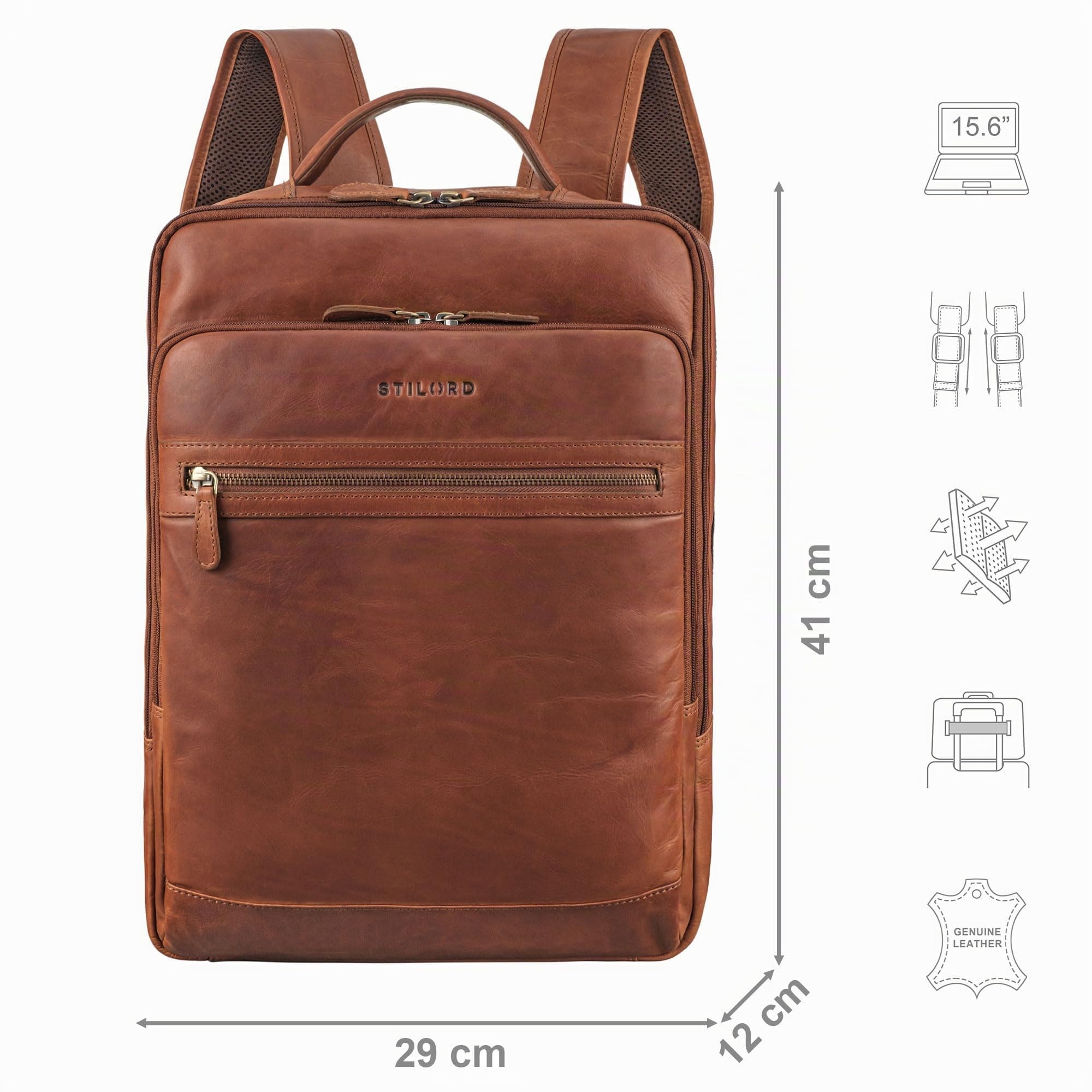 STILORD Banks Mochila Portatil 15.6 Pulgadas Cuero para Hombre y Mujer Laptop Backpack Mochila Grande Viaje Trabajo Escolar de Cuero Genuino Color:Cognac-marrón