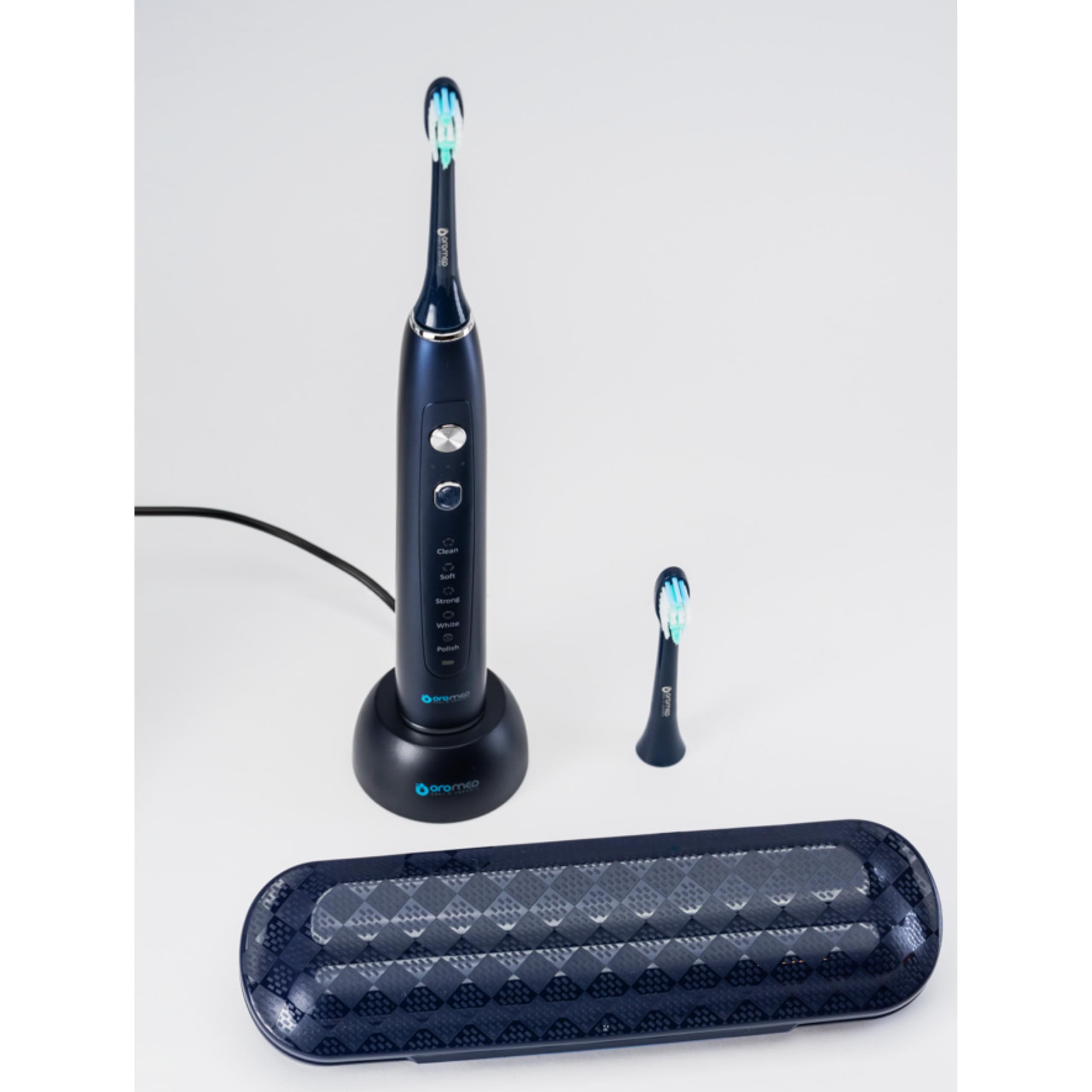 OROMED ORO-SONIC X PRO NAVY BLUE Schallzahnbürste, 38.000 Bewegungen/Min.,(5 Programme × 3 Intensitäten), Akku bis 40 Tage, Timer, USB-Induktionsladung, Marineblau