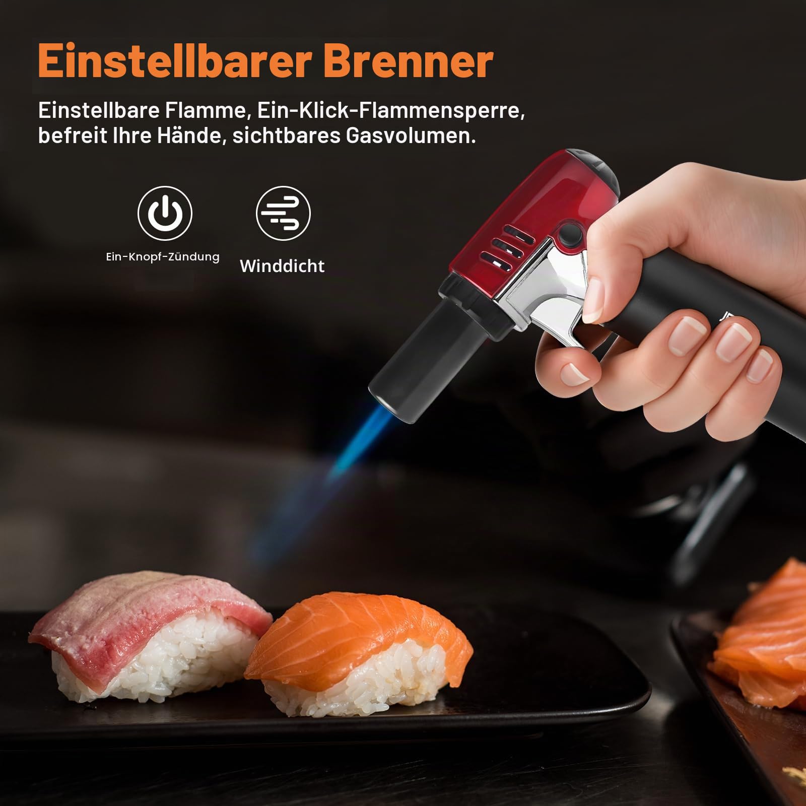 Butan Fackel Feuerzeug nachfüllbar mit verstellbarer Flamme Küche Fackel für Creme Brulee Backen BBQ Kochen Löten Einhandbetrieb mit Kraftstofffenster Sicherheitsschloss (Butan Gas nicht enthalten)