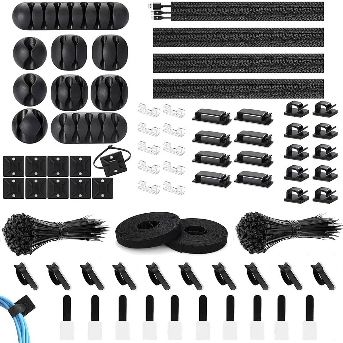 NEAGLORY 273 PCS Cable Management Kit, 4 Cable Split Sleeves,9 Cable Holder,38 Cord Clips, 2 Roll Fastening Tape, 10 Adhesive Wall Cable Tie,10 Reusable Cable Ties and 200 Zip Ties for Desk, Office
