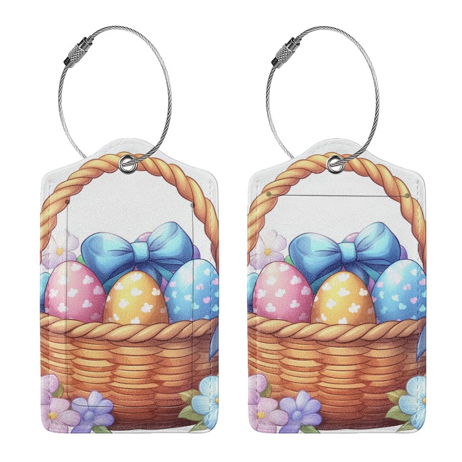 4 etiquetas de equipaje de piel sintética para maleta, huevos de Pascua en la cesta con lazo de acero inoxidable, etiqueta de identificación de cubierta de privacidad para mujeres y hombres