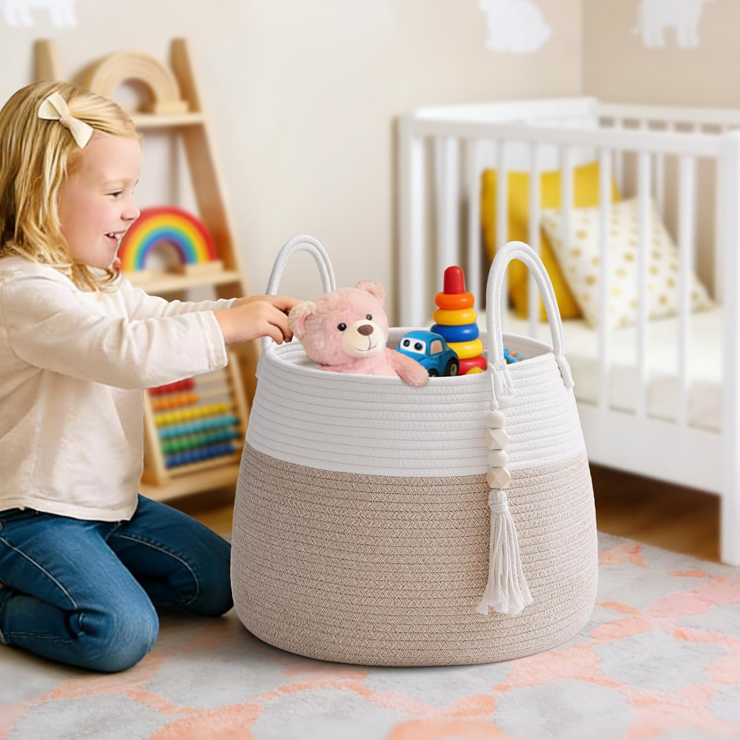 Large Nursery Hamper, 30L Blanket Basket with Handle, Baby Laundry Basket for Gift, Toy, Clothes, Woven Storage Basket with Wooden Bead Decor, Baby Hamper for Nursery(Brown) - Image 3