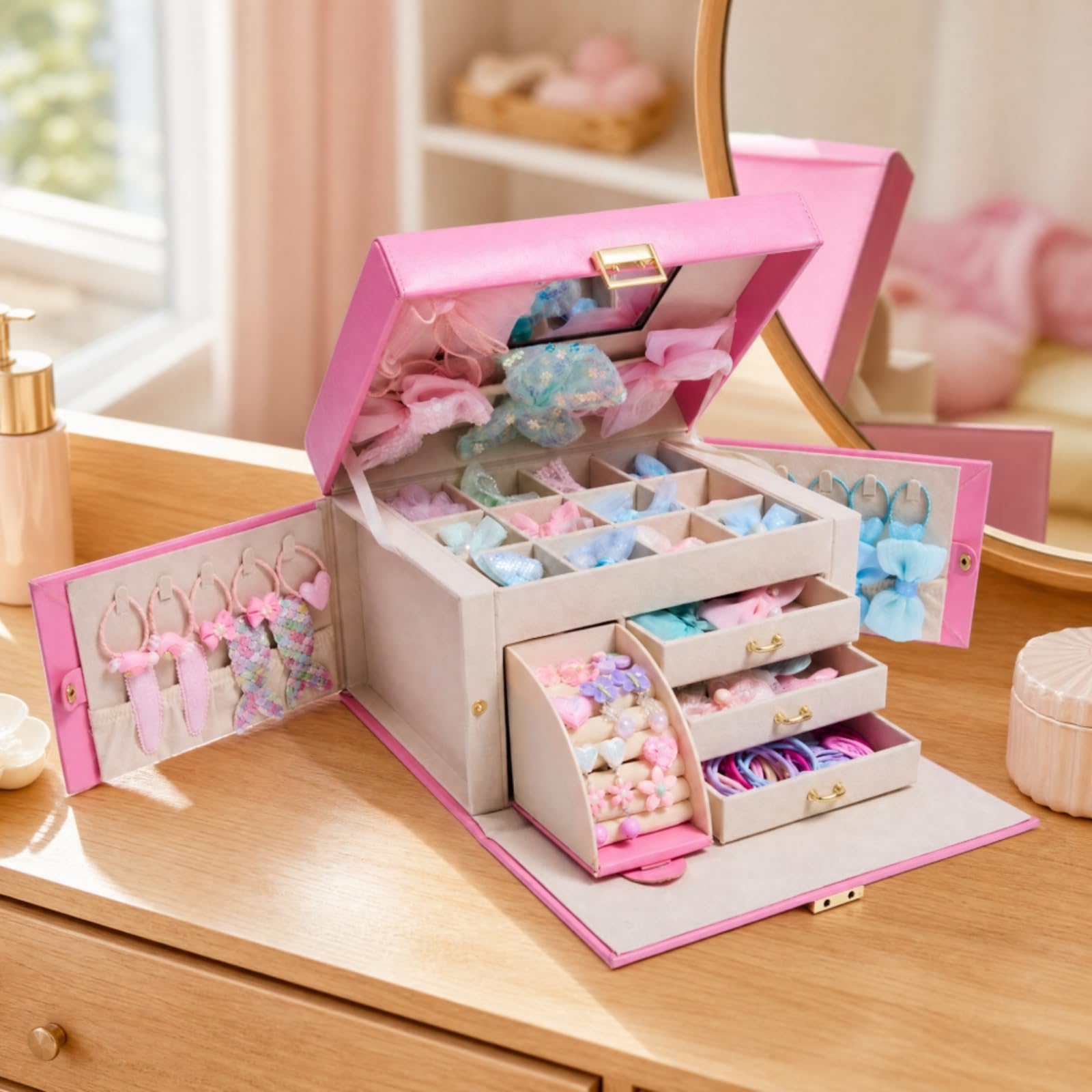 Cofanetto Accessori per Capelli con Specchio con Manici Regalo per Bambine, Cameretta