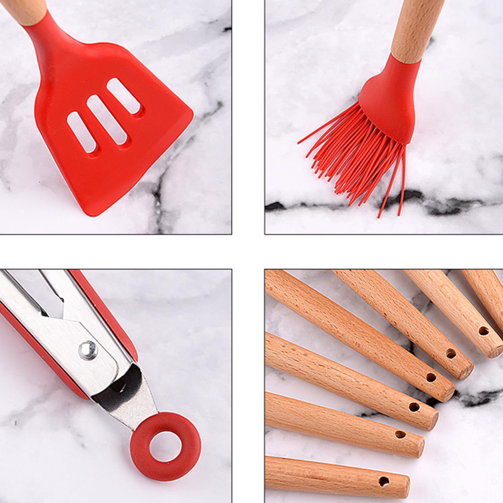 12-teiliges Küchenhelfer-Set aus Silikon mit Holzgriff, Antihaft-Backutensilien, rotes Küchenhelfer-Set mit Aufbewahrungseimer, perfekt zum Kochen & Backen