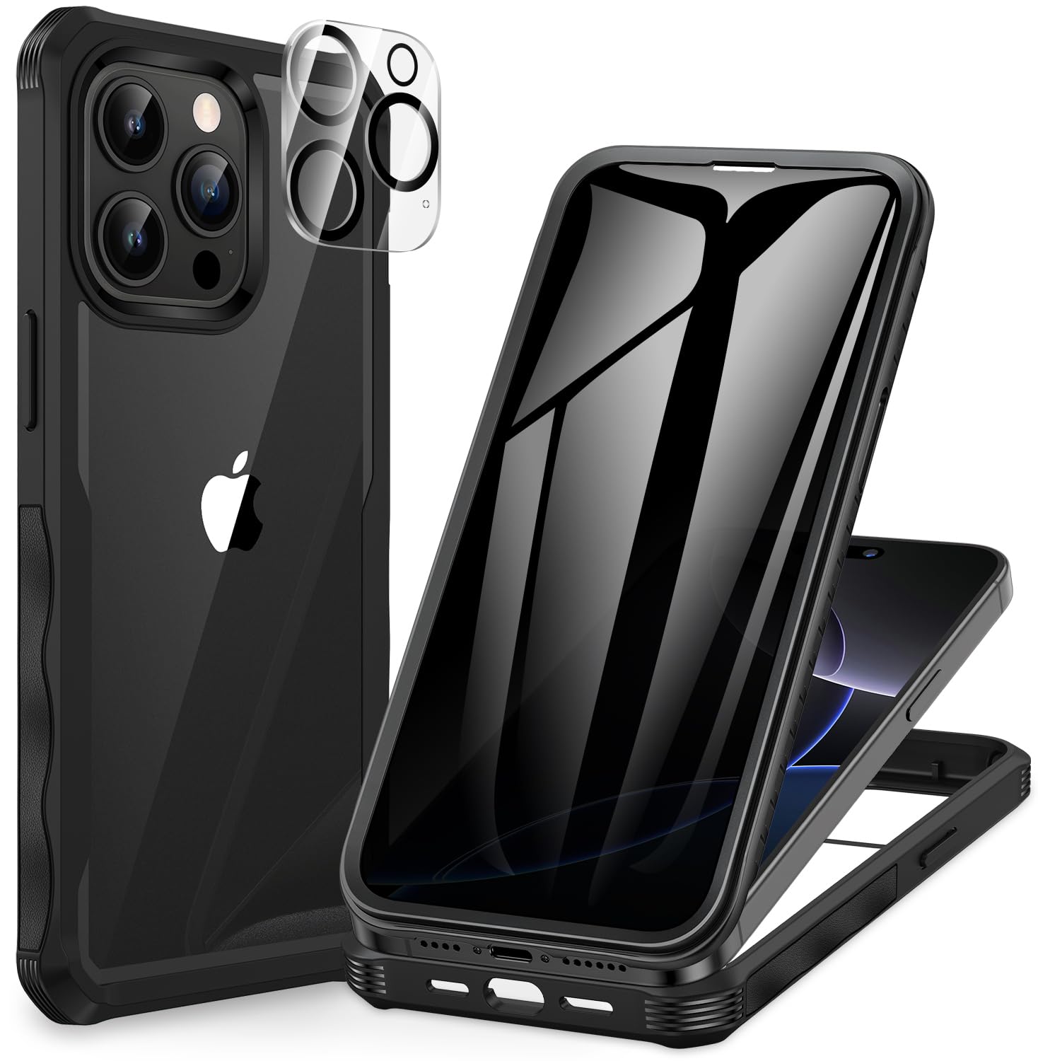 CENHUFO Privacy Cover iPhone 15 Pro Max, con Protezione Schermo Vetro Temperato Anti Spia e Pellicola Fotocamera [9H HD] 360 Gradi Antiurto Fronte Retro Doppia Custodia per iPhone 15 Pro Max -Nero