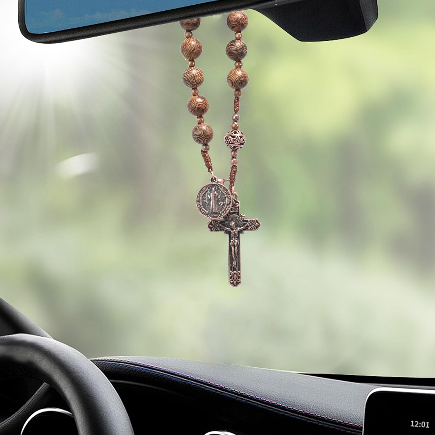 Nazareth Store Wood Beads One Decade Rosary Handmade Pocket Car Mirror with Saint Medal and Jesus Cross in Antique Bronze Wooden Travel Friendly Rosary - Image 3