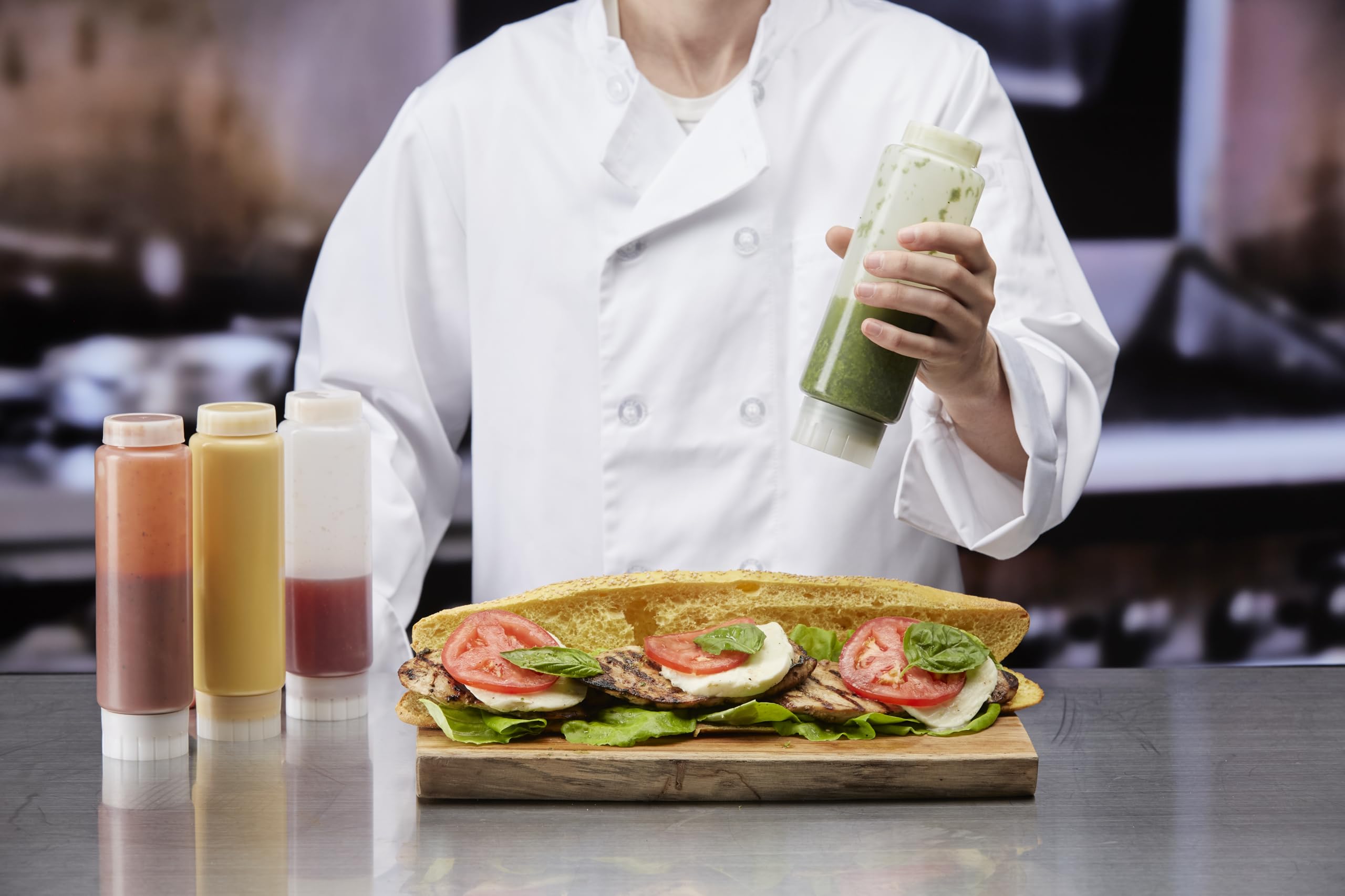 90290 - Paquete de 6 botellas de plástico rellenables de 16 onzas, aptas para todo tipo de salsas, condimentos, masa y aderezo para restaurantes, comensales y camiones de comida 8