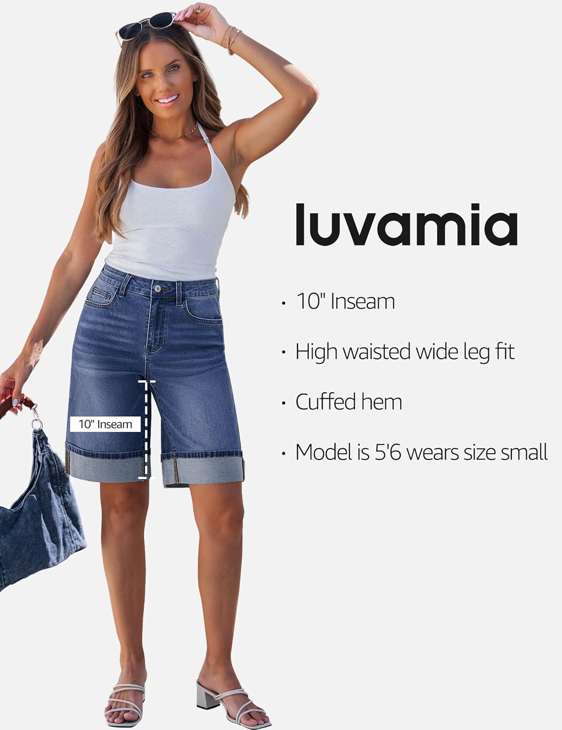 luvamia Jean Bermuda Shorts for Women High Waisted Knee Length Cuffed Long Stretchy Denim Shorts Loose Summer Jorts - Image 4