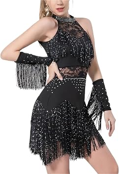 Women Rhinestone Lace Latin Dancewear Dress Armband Shorts Ballroom Fringe Skirt Samba Party Stage Clothes Outfit For Dance and PerformanceBlack,XXL