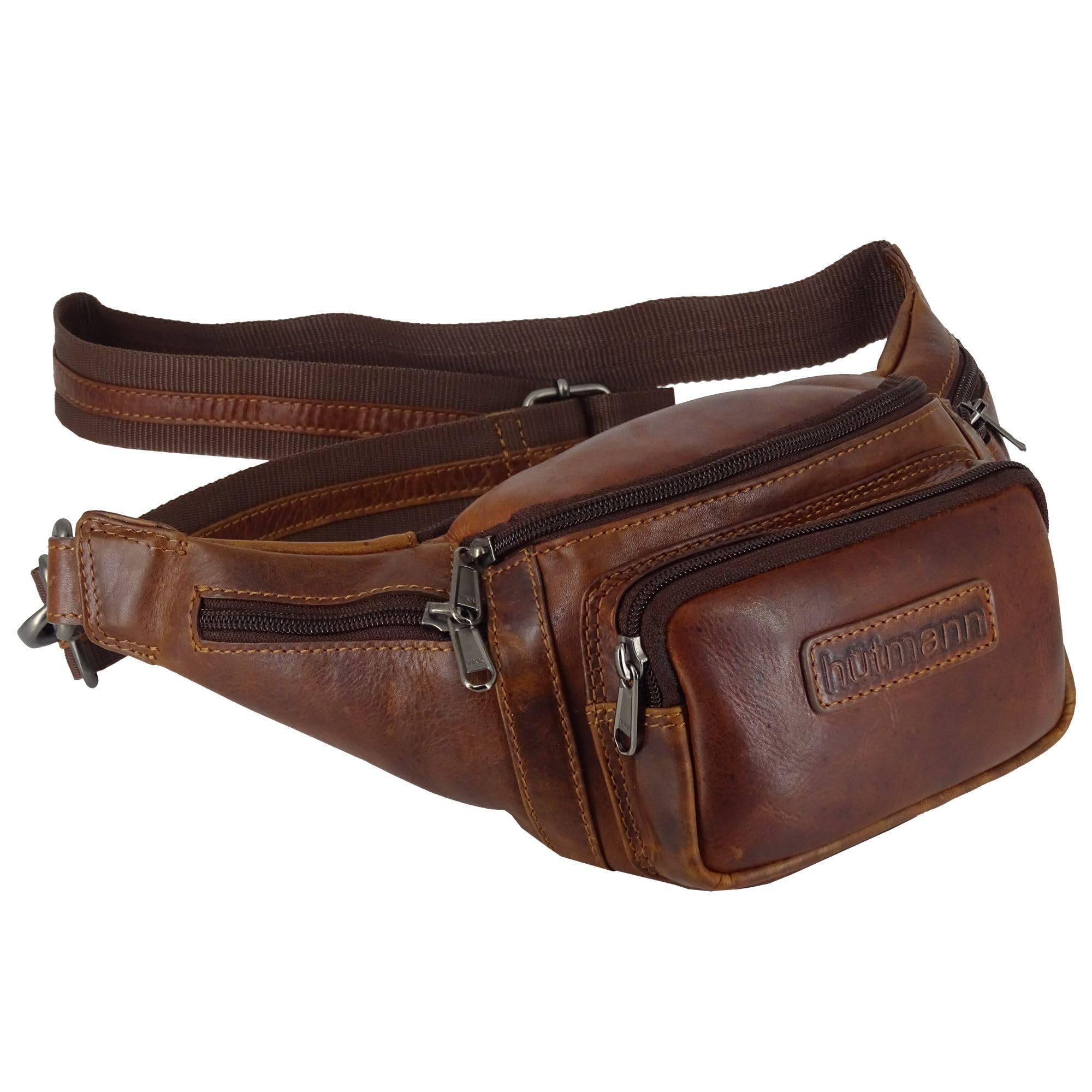 Hütmann Bauchtasche für Damen Herren Gürteltasche Hüfttasche Outdoor Handytasche Sport Laufgürtel Umhängetasche Geldgürtel für Wandern Fahrrad Reisen (Leder braun)