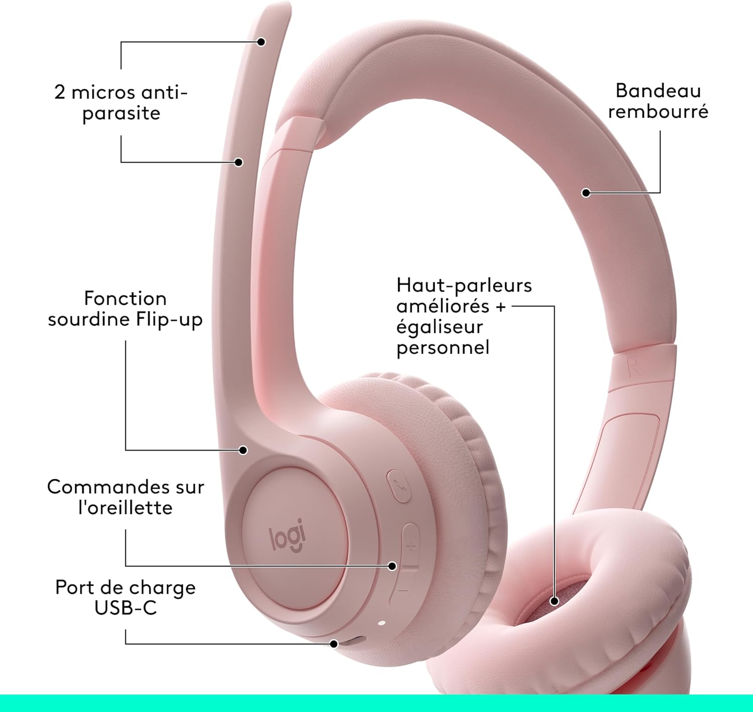 Logitech Zone 300 Casque Bluetooth sans Fil avec Microphone Anti-Parasite, Compatible avec Windows, Mac, Chrome, Linux, iOS, iPadOS, Android - Rose — vue 6