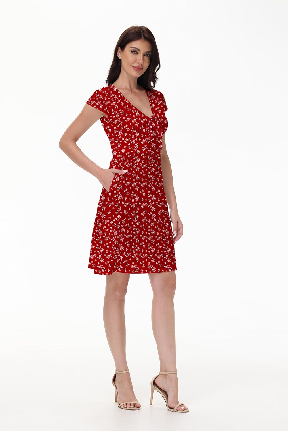 Women's Boho Summer Floral Short Sleeve Mini Dress Bow V Neck A Line Short Dresses