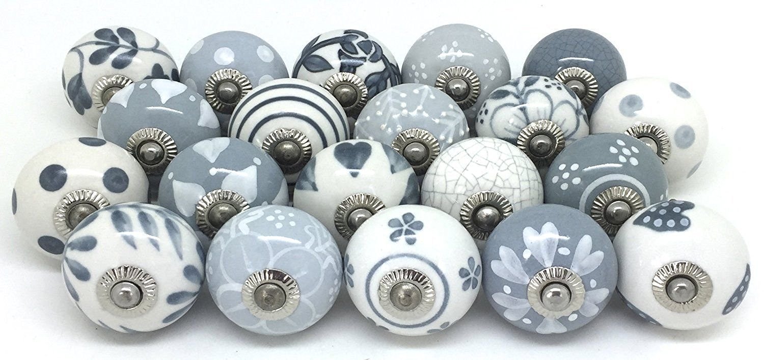 Assortiment 8 Boutons Placard Céramique Gris Blanc Pois Rayures - Mango Tree MG-278 Style Vintage